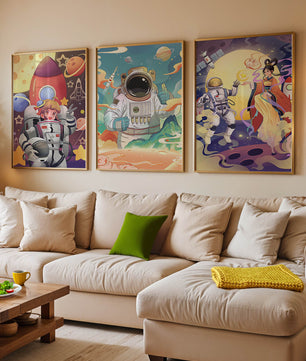 Bunte Weltraumszenen mit Astronautenfiguren und fantastischen Landschaften