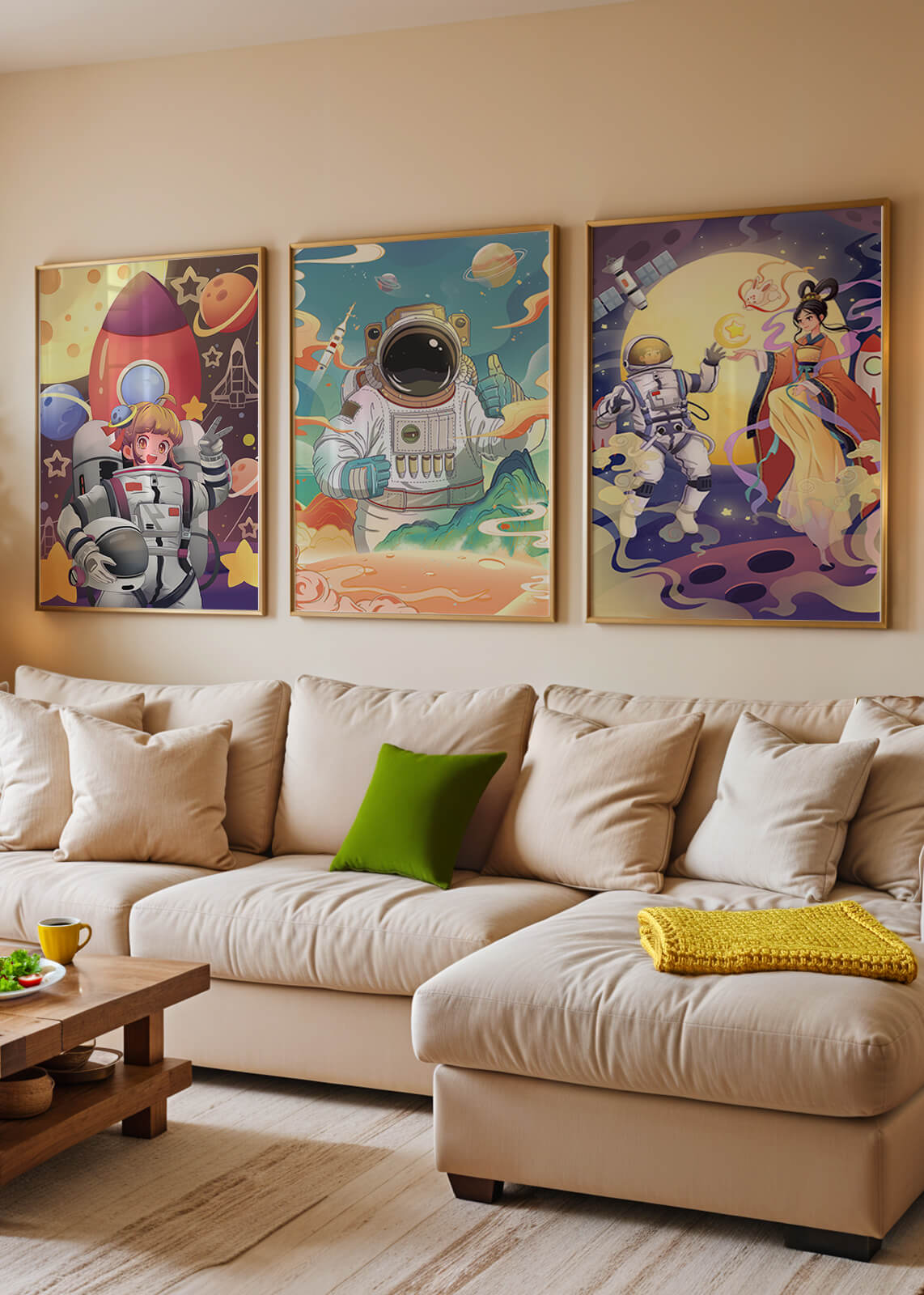 Bunte Weltraumszenen mit Astronautenfiguren und fantastischen Landschaften