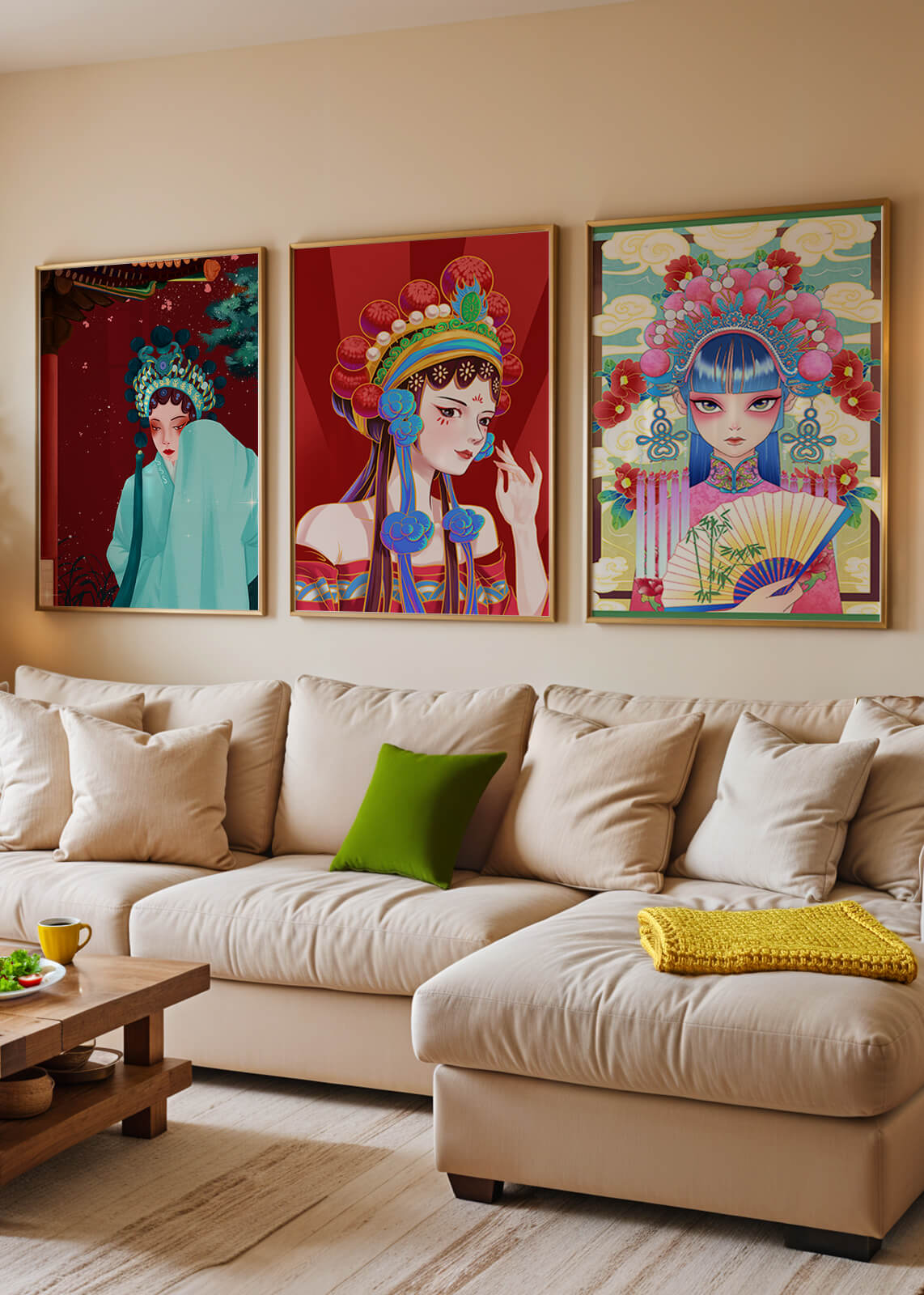Set De Tres Ilustraciones Coloridas De Mujeres Con Tocados Tradicionales Asiáticos