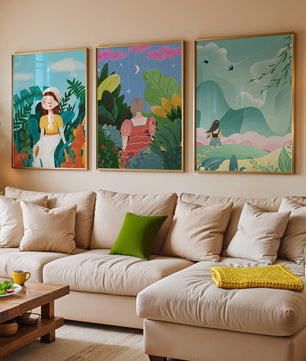Ensemble de trois œuvres d'art colorées avec des paysages naturels et des figures humaines