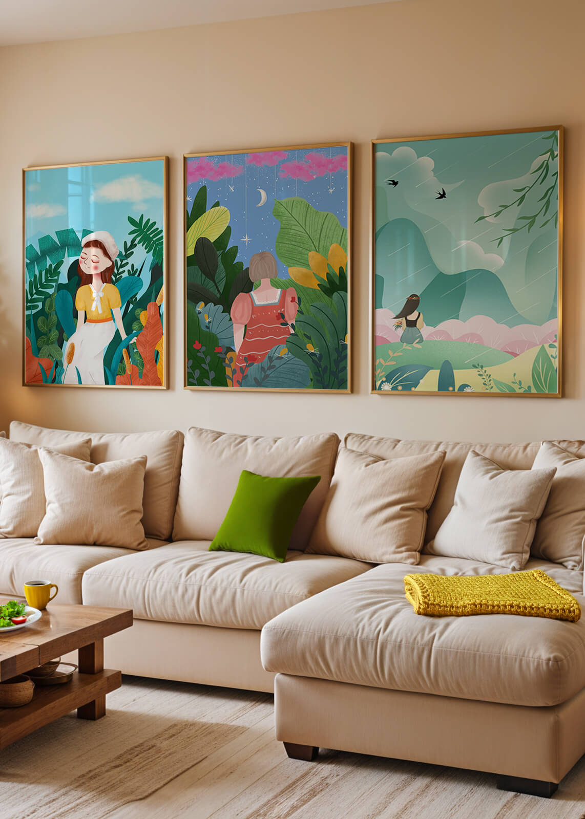 Conjunto De Tres Obras De Arte Coloridas Con Paisajes Naturales Y Figuras Humanas