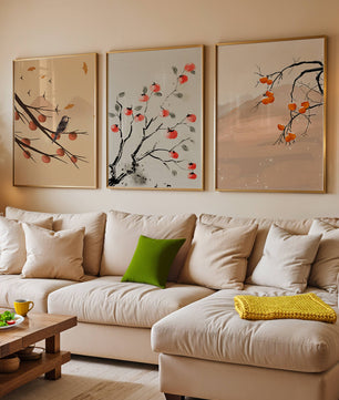 Conjunto de Obras de Arte con Ramas y Frutas en Estilo Oriental