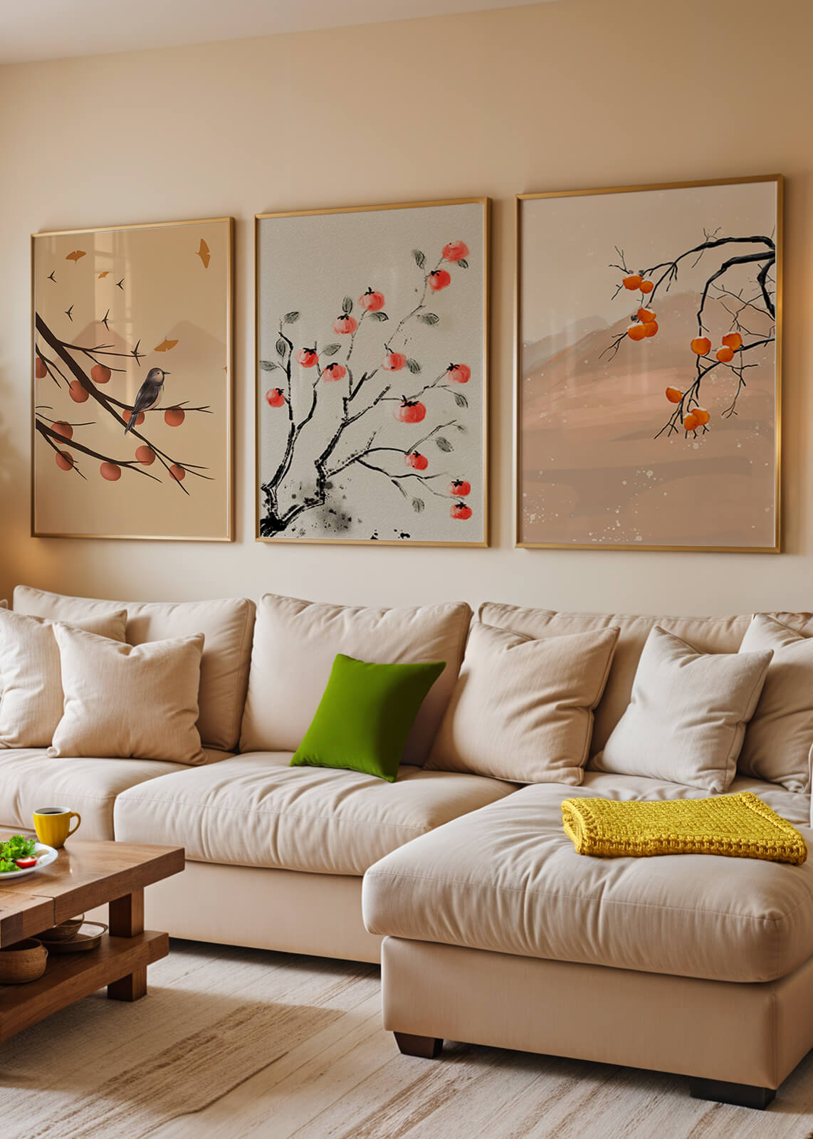 Conjunto de Obras de Arte con Ramas y Frutas en Estilo Oriental