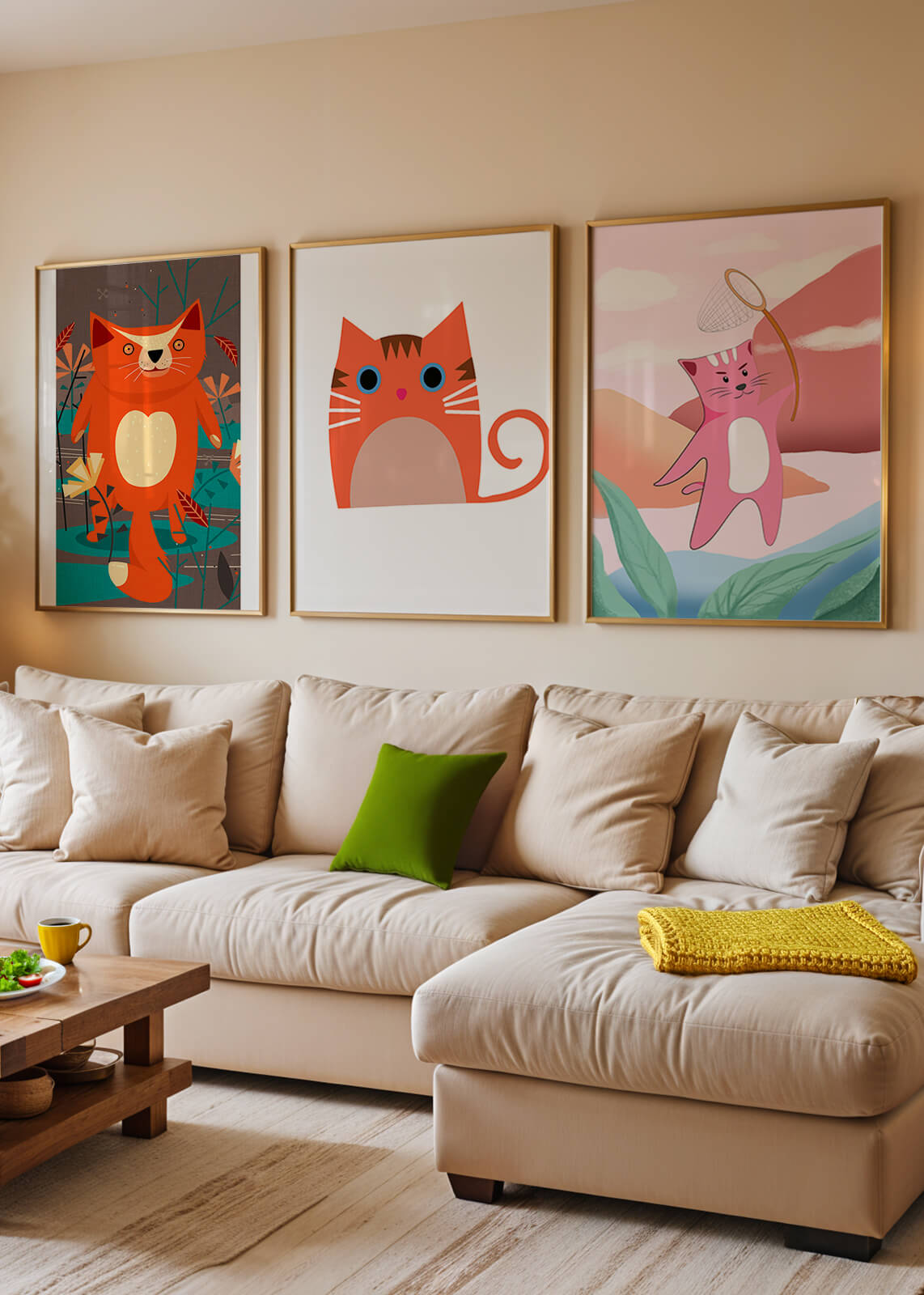 Tríptico De Ilustraciones De Gatos En Diseños Modernos