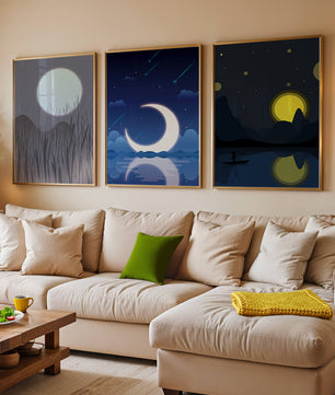 Paysages nocturnes avec lune et étoiles dans des cadres