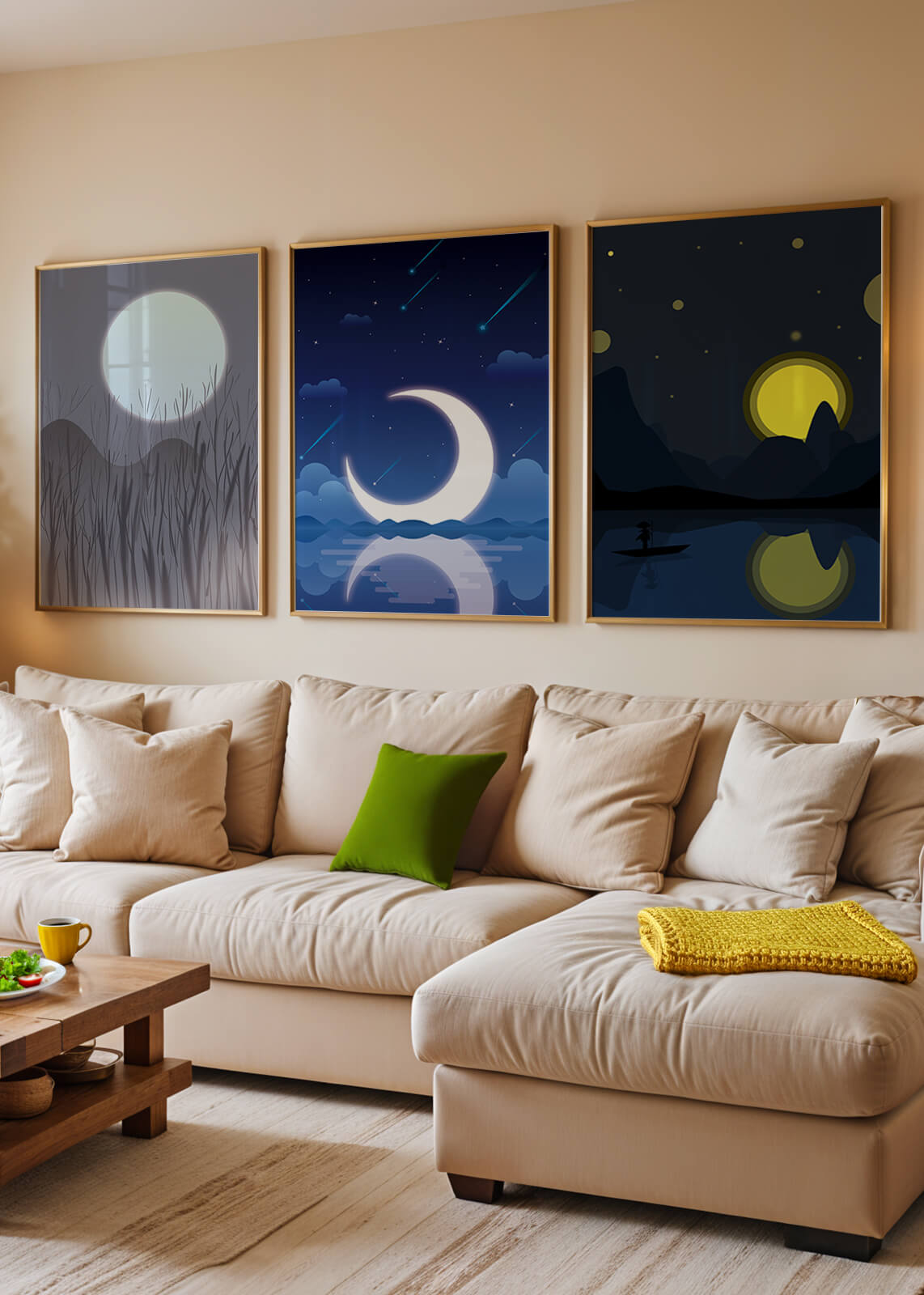 Paysages nocturnes avec lune et étoiles dans des cadres