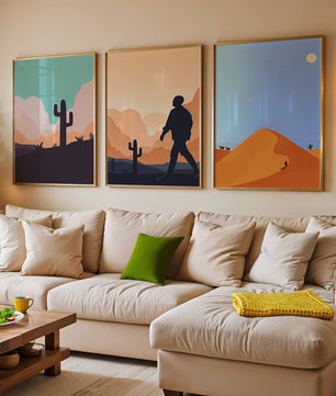 Ensemble d'impressions artistiques de paysages désertiques avec des silhouettes et des cactus