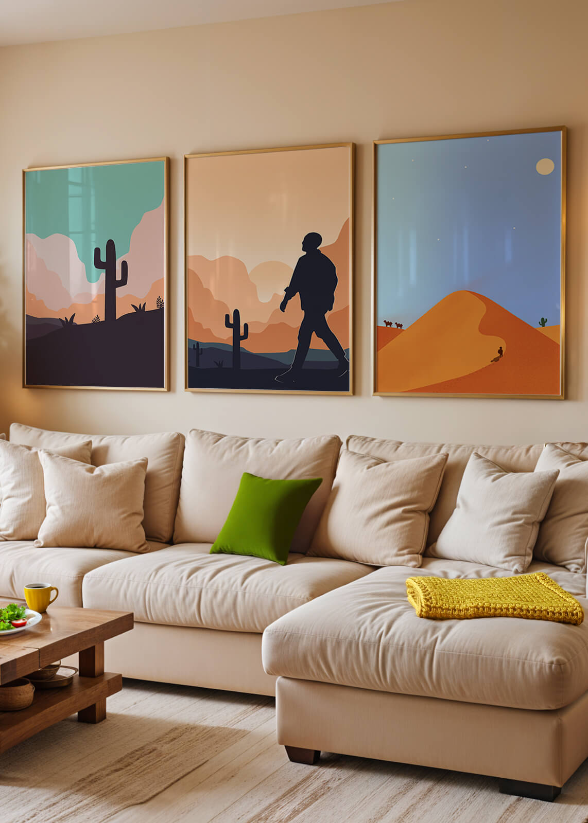 Ensemble d'impressions artistiques de paysages désertiques avec des silhouettes et des cactus