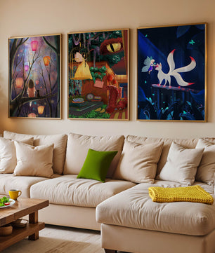 Triptyque d’art fantastique avec des illustrations colorées et oniriques