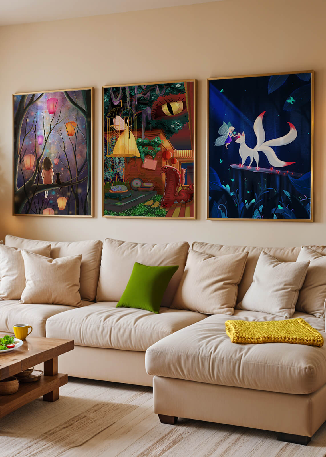 Triptyque d’art fantastique avec des illustrations colorées et oniriques