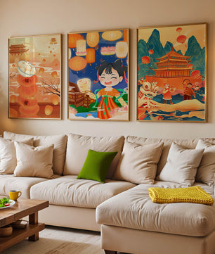Triptyque d'art asiatique sur le thème des lanternes et de la culture traditionnelle