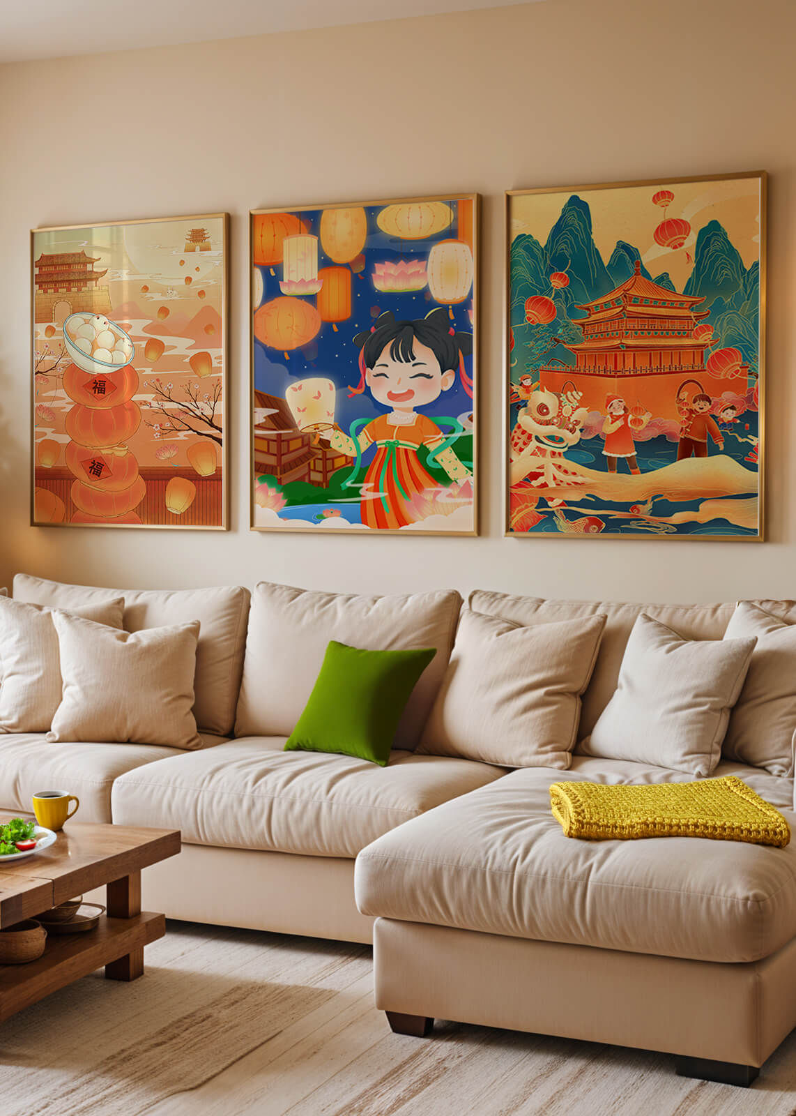 Triptyque d'art asiatique sur le thème des lanternes et de la culture traditionnelle