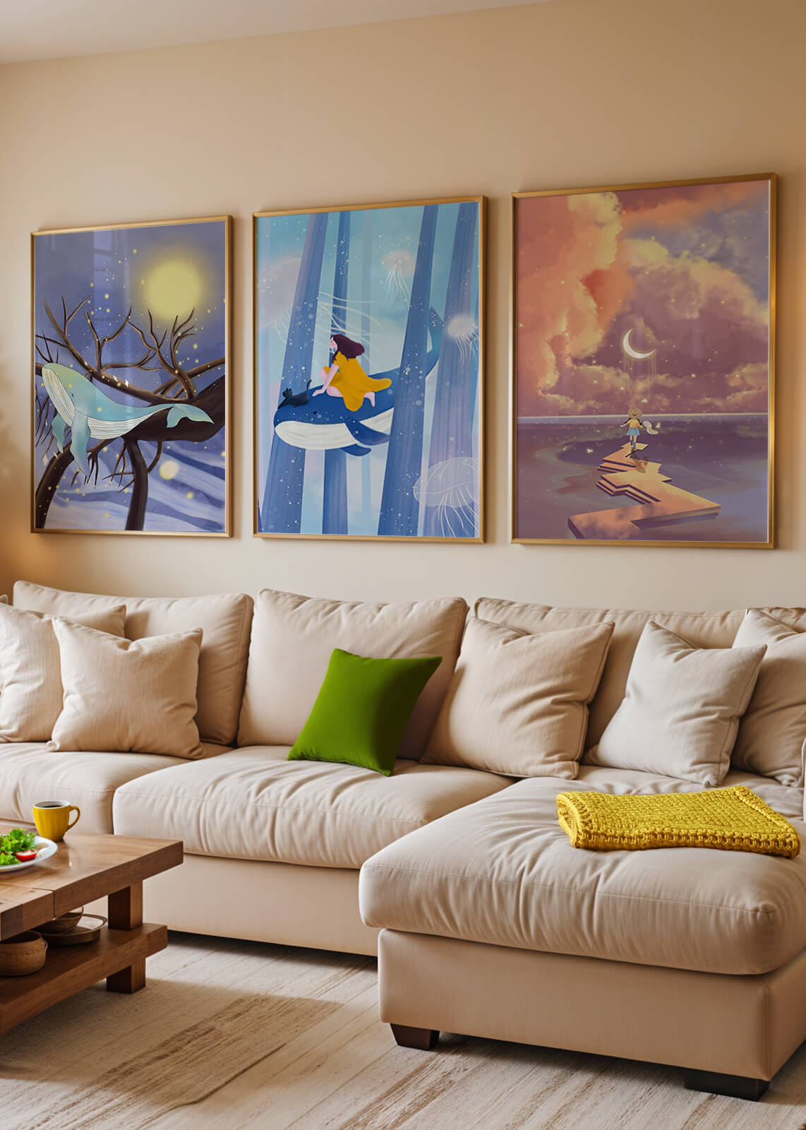 Triptyque d'Illustrations Fantastiques Sans Cadre avec Baleines et Paysages de Rêve