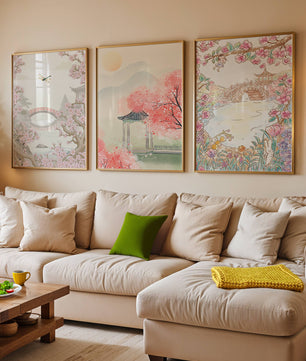 Triptyque oriental de paysages en tons pastels