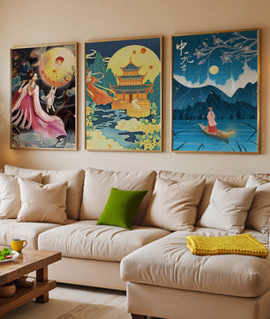Ensemble d'art oriental avec paysages mystiques et pleine lune