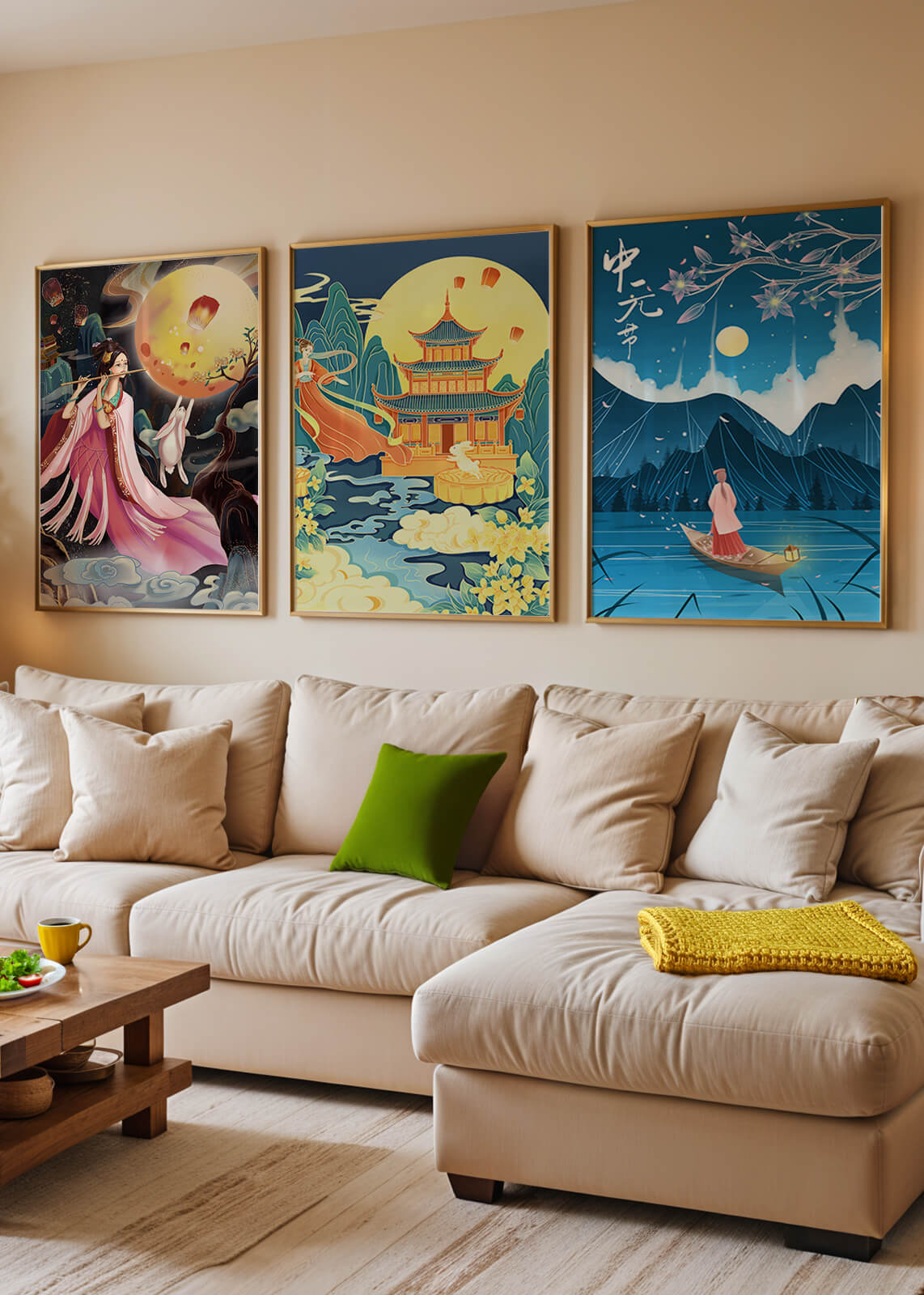 Conjunto de Arte Oriental con Paisajes Místicos y Luna Llena