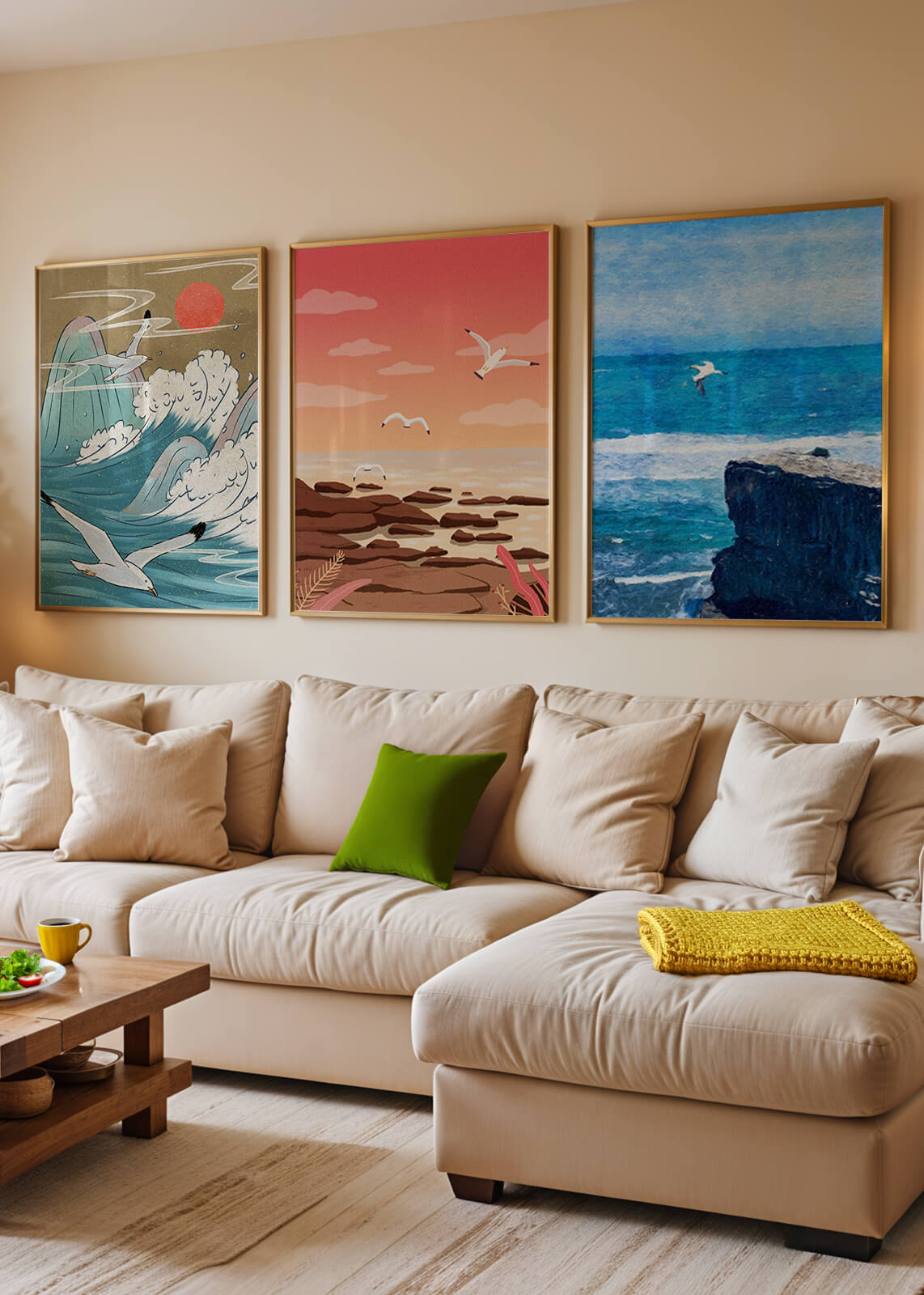 Tríptico de Paisajes Marinos con Aves