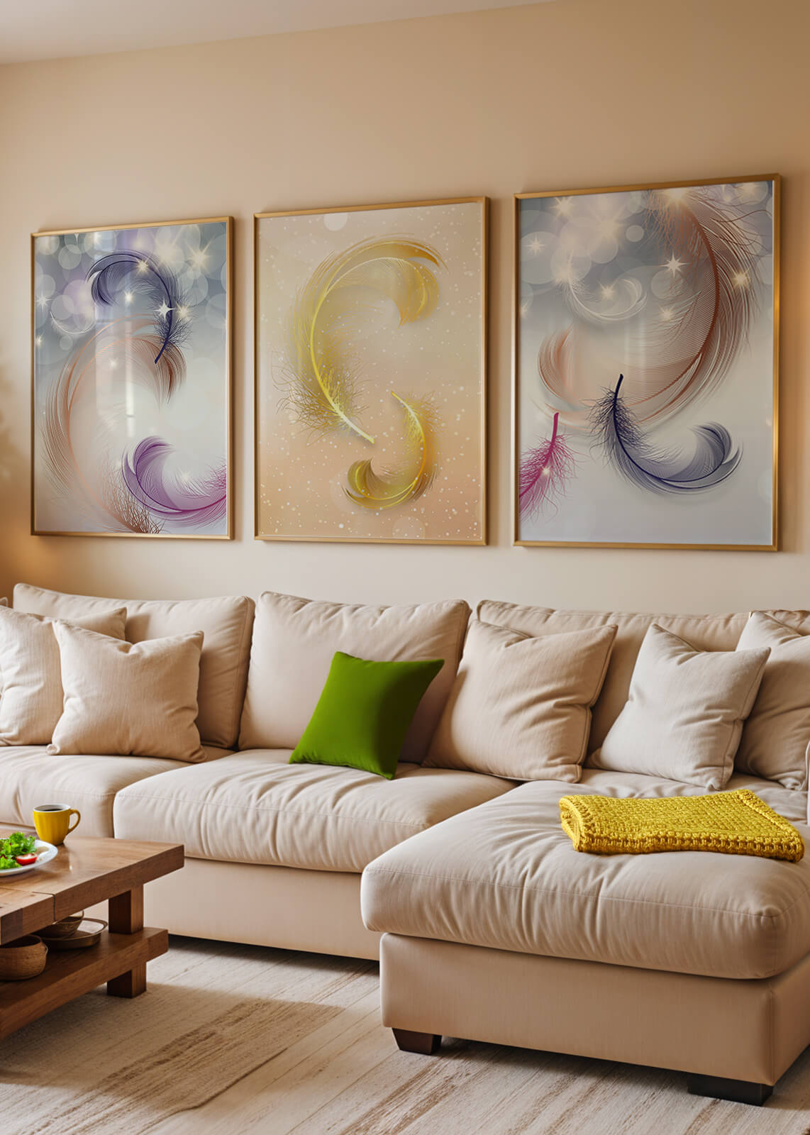 Art abstrait avec des plumes dans des tons pastel