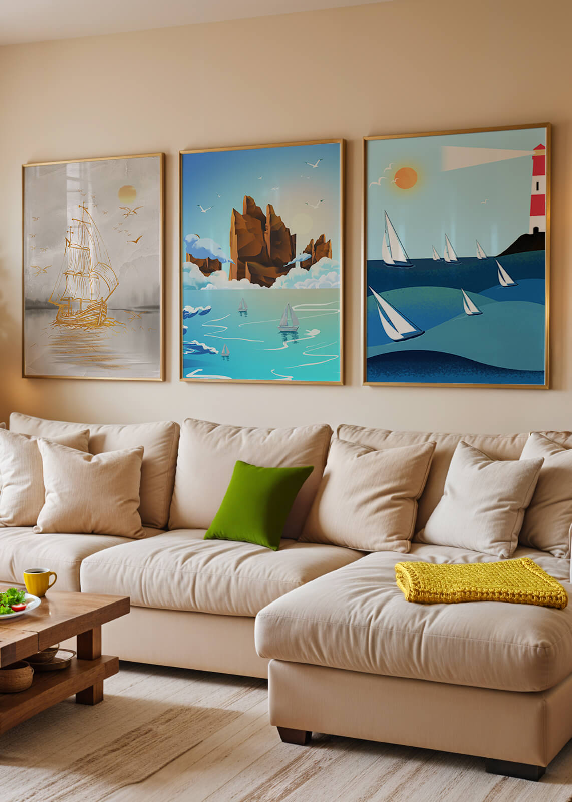 Triptyque de paysages marins avec bateaux et phare