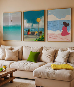 Tableaux minimalistes de plage et de mer avec personnages