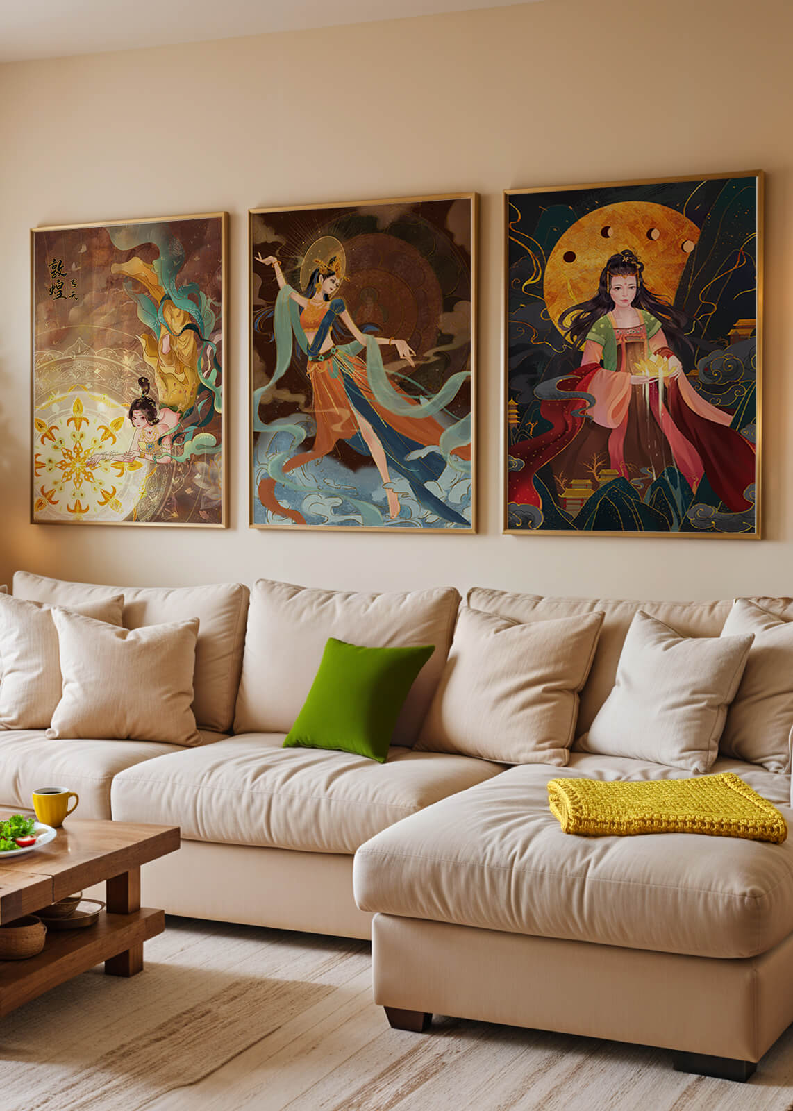 Impresiones de arte asiático con figuras femeninas y elementos dorados