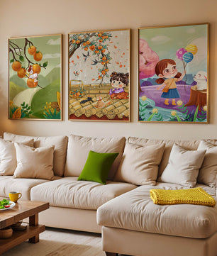 Ensemble de trois illustrations pour enfants avec des fruits et des animaux