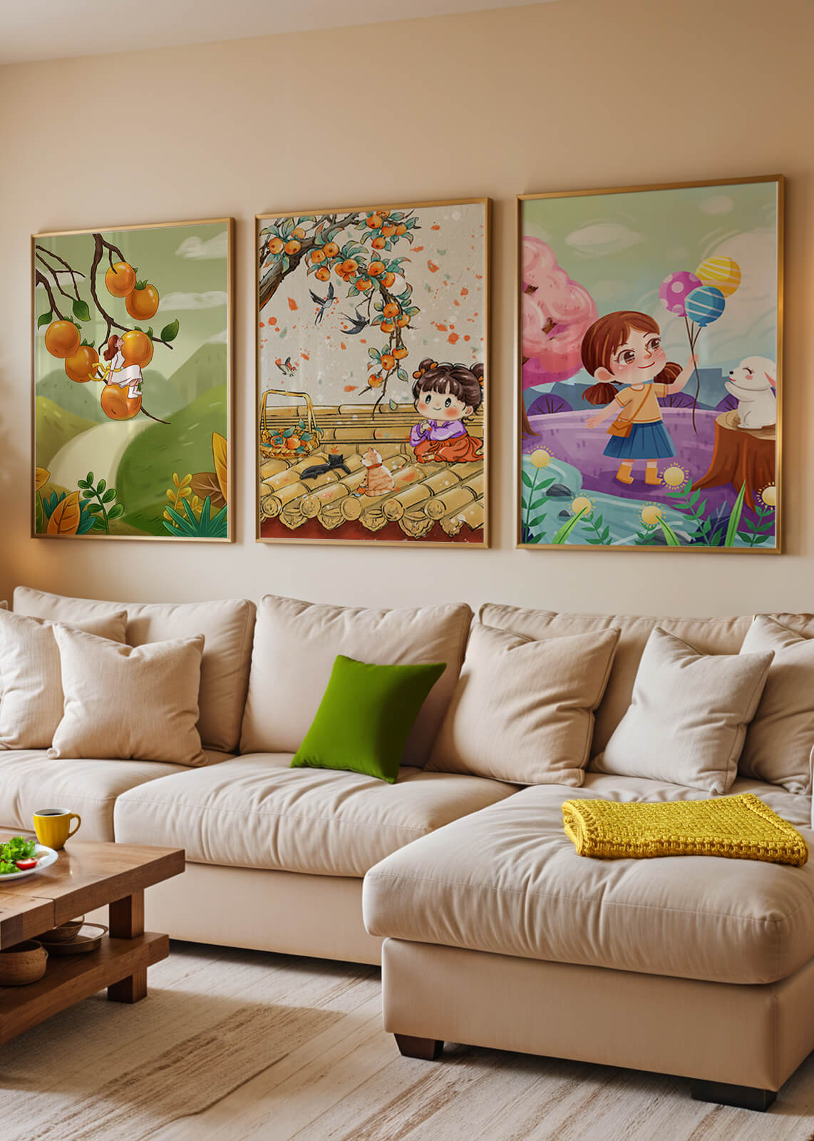 Ensemble de trois illustrations pour enfants avec des fruits et des animaux