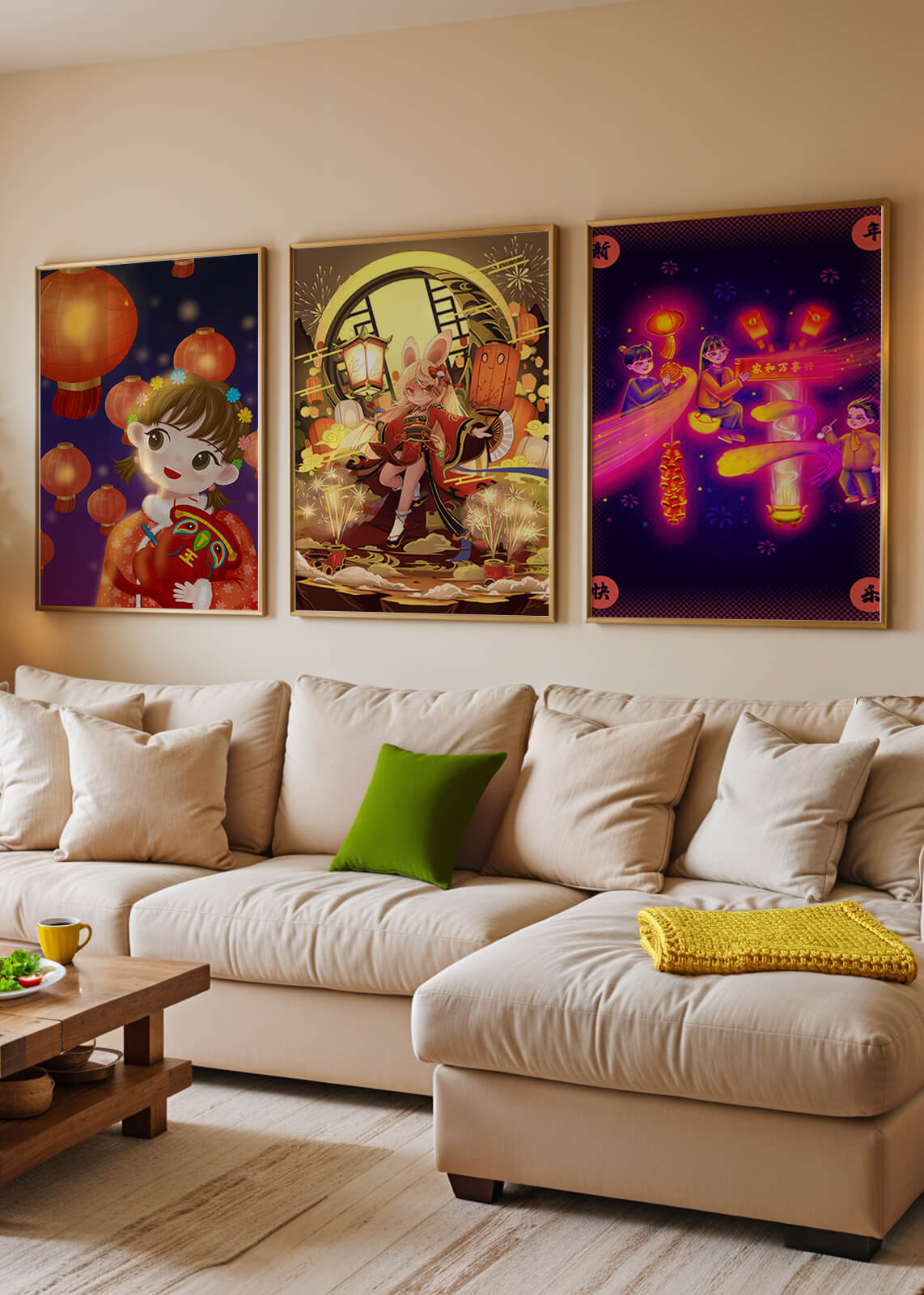 Impressions artistiques d’illustrations asiatiques avec des lanternes sur fond de bois clair