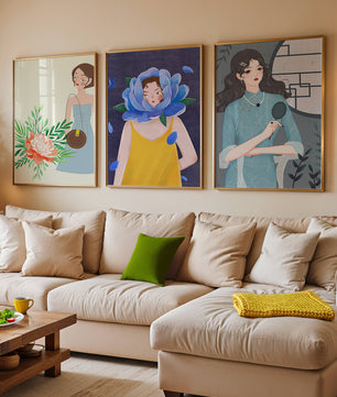 Tableaux modernes avec illustrations artistiques féminines dans un style coloré