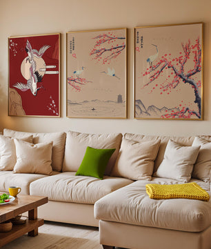 Ensemble de trois toiles avec grues et motifs naturels dans un style asiatique