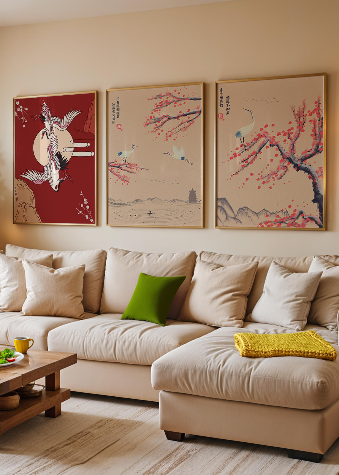 Ensemble de trois toiles avec grues et motifs naturels dans un style asiatique