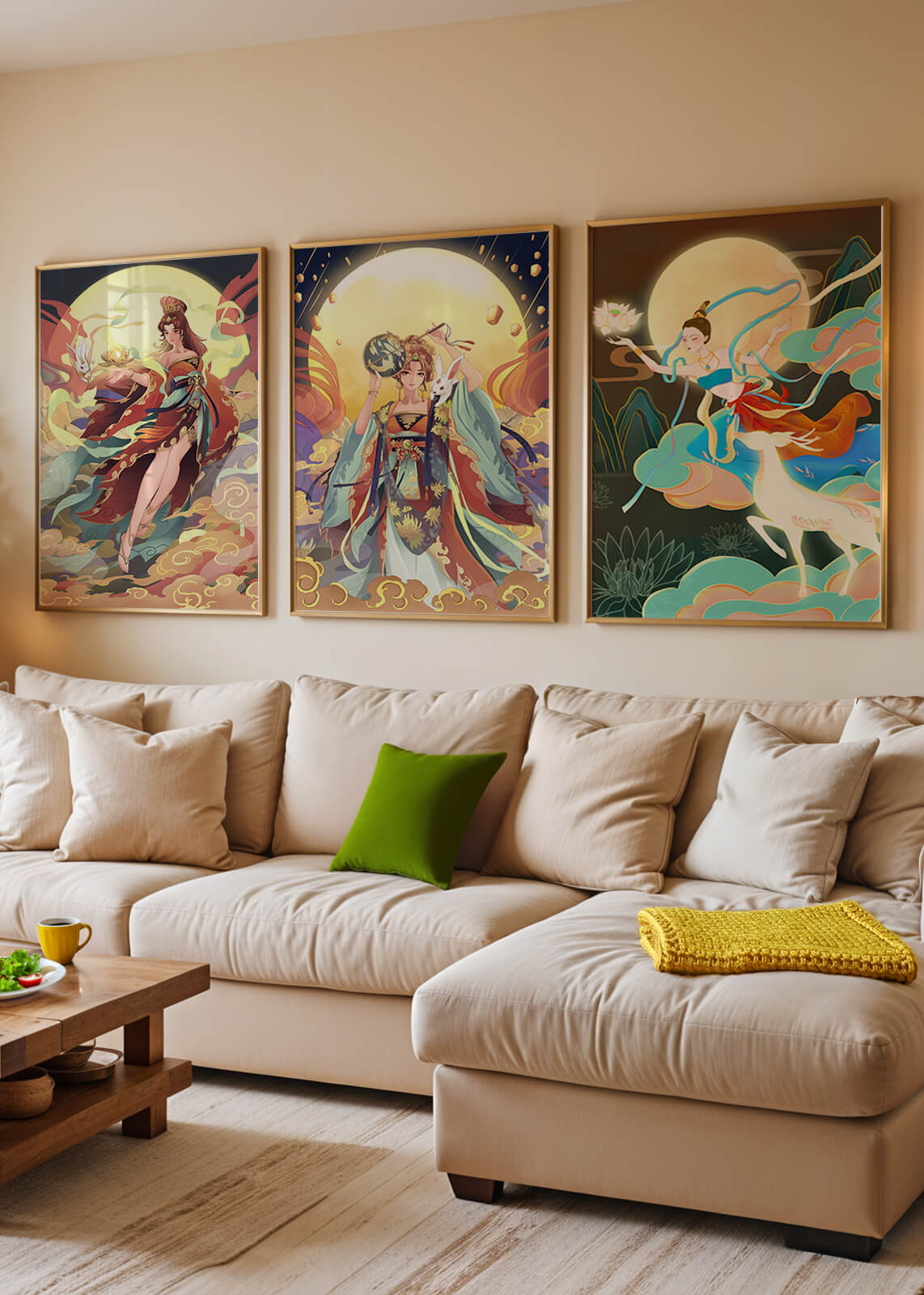 Ostasiatische Dekorative Kunst mit goldenen Elementen in einem Dreierset