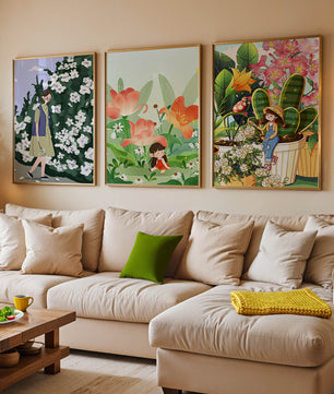 Triptyque d’Illustrations Florales et de Personnages