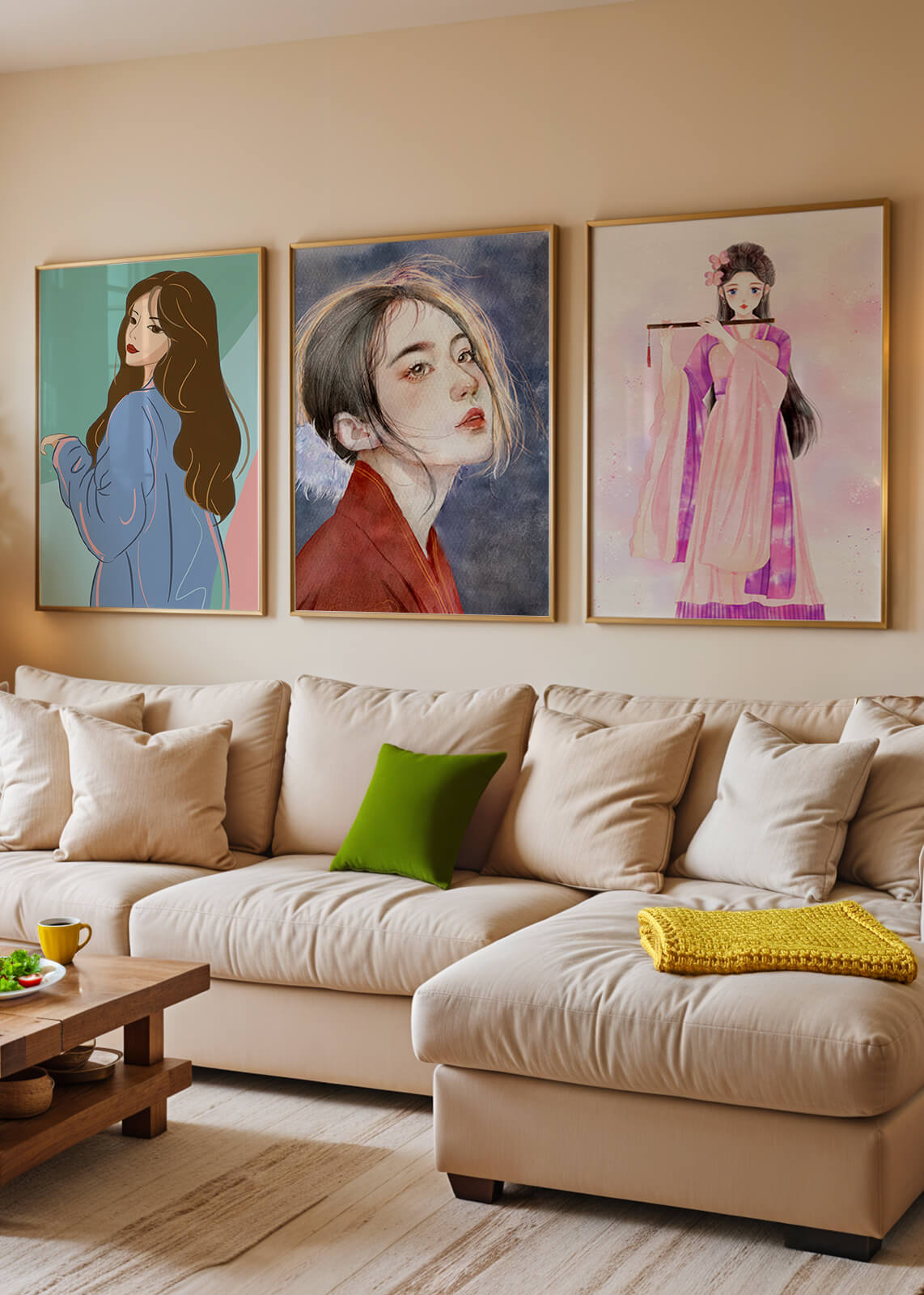 Tríptico de retratos femeninos en estilo moderno