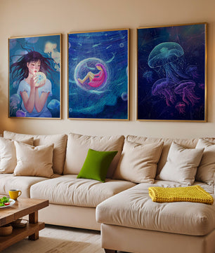 Ensemble de toiles avec illustrations de méduses et de personnages