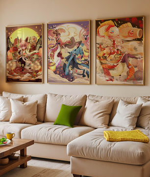 Triptyque d'art fantastique avec des personnages imaginaires