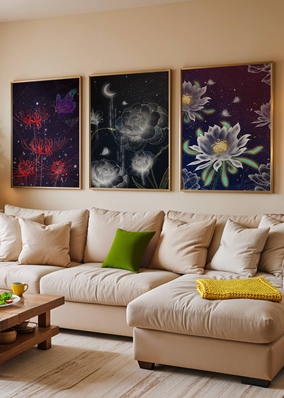 Pared Decorada con Conjunto de Tres Lienzos de Flores y Elementos Naturales