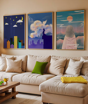 Ensemble de trois tableaux modernes avec des paysages imaginaires