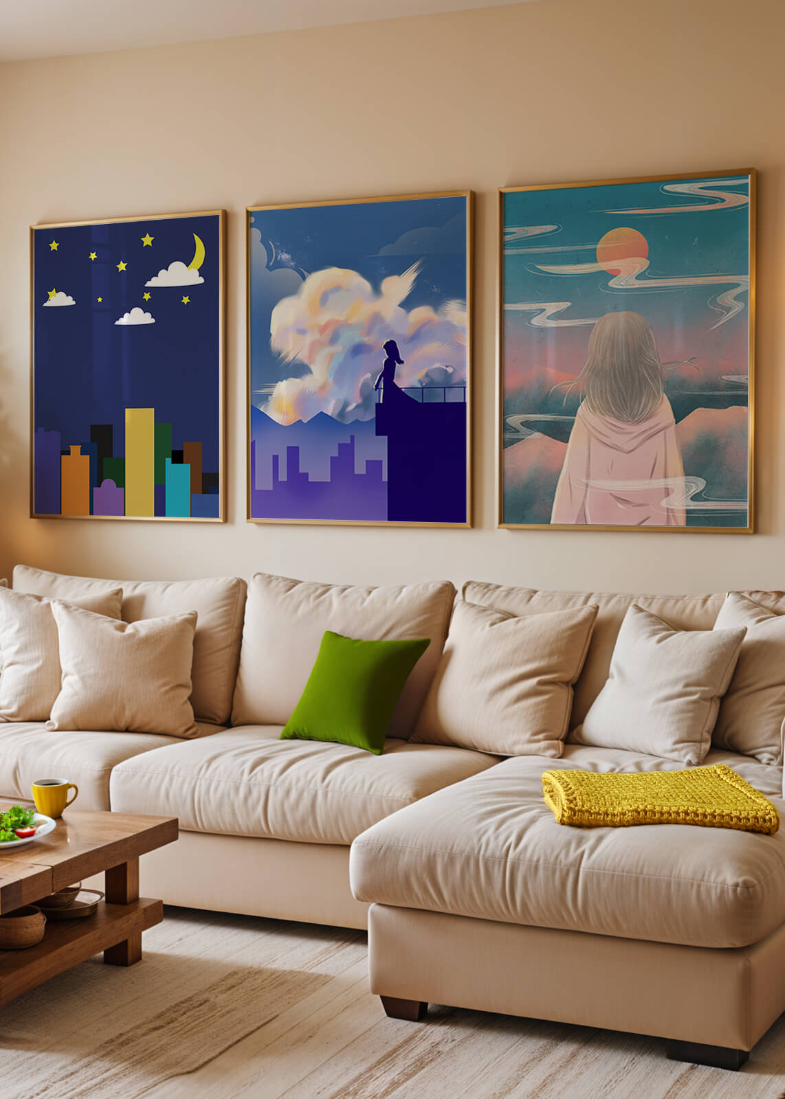 Ensemble de trois tableaux modernes avec des paysages imaginaires
