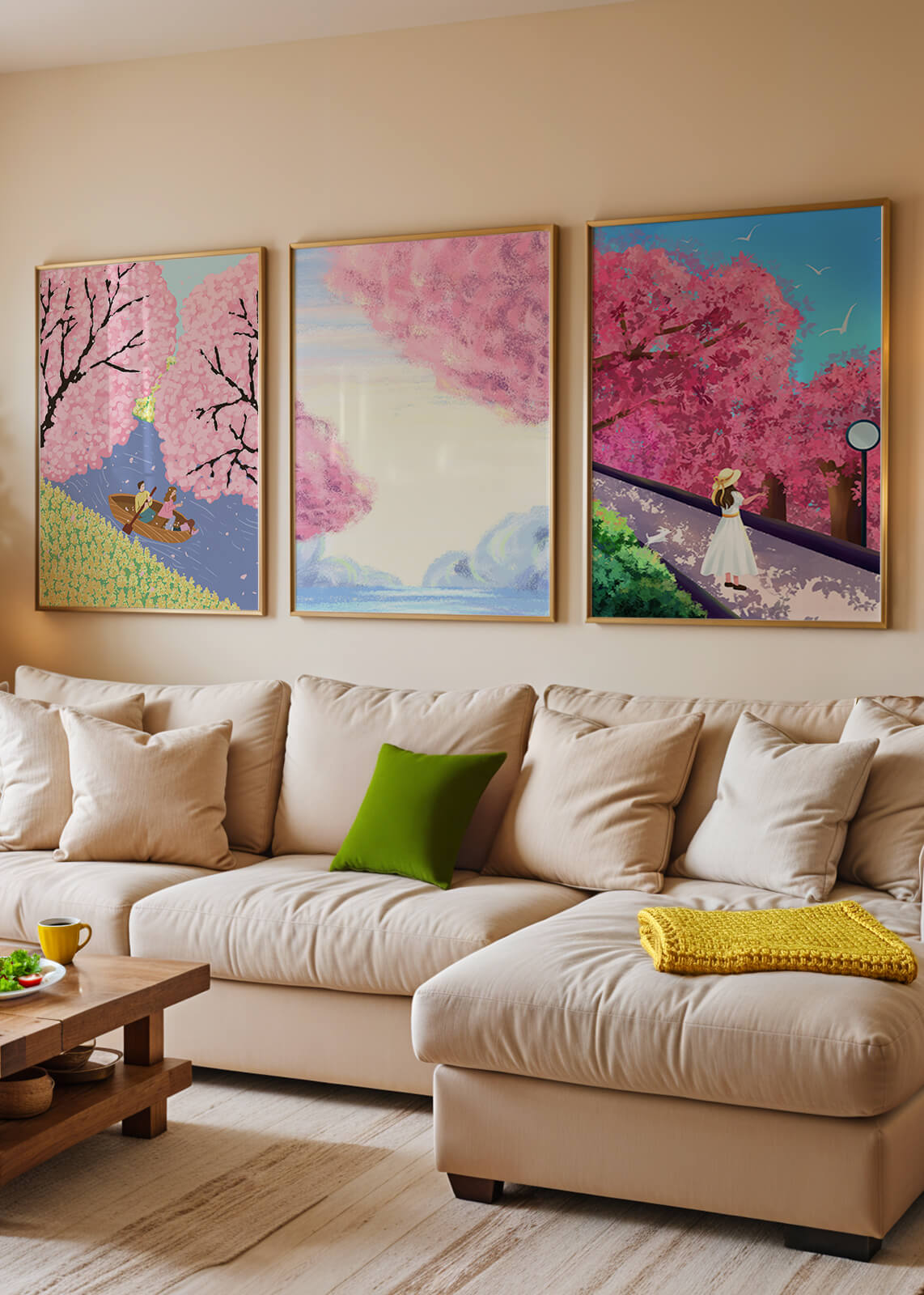 Conjunto De Tres Obras De Arte Con Árboles De Cerezo