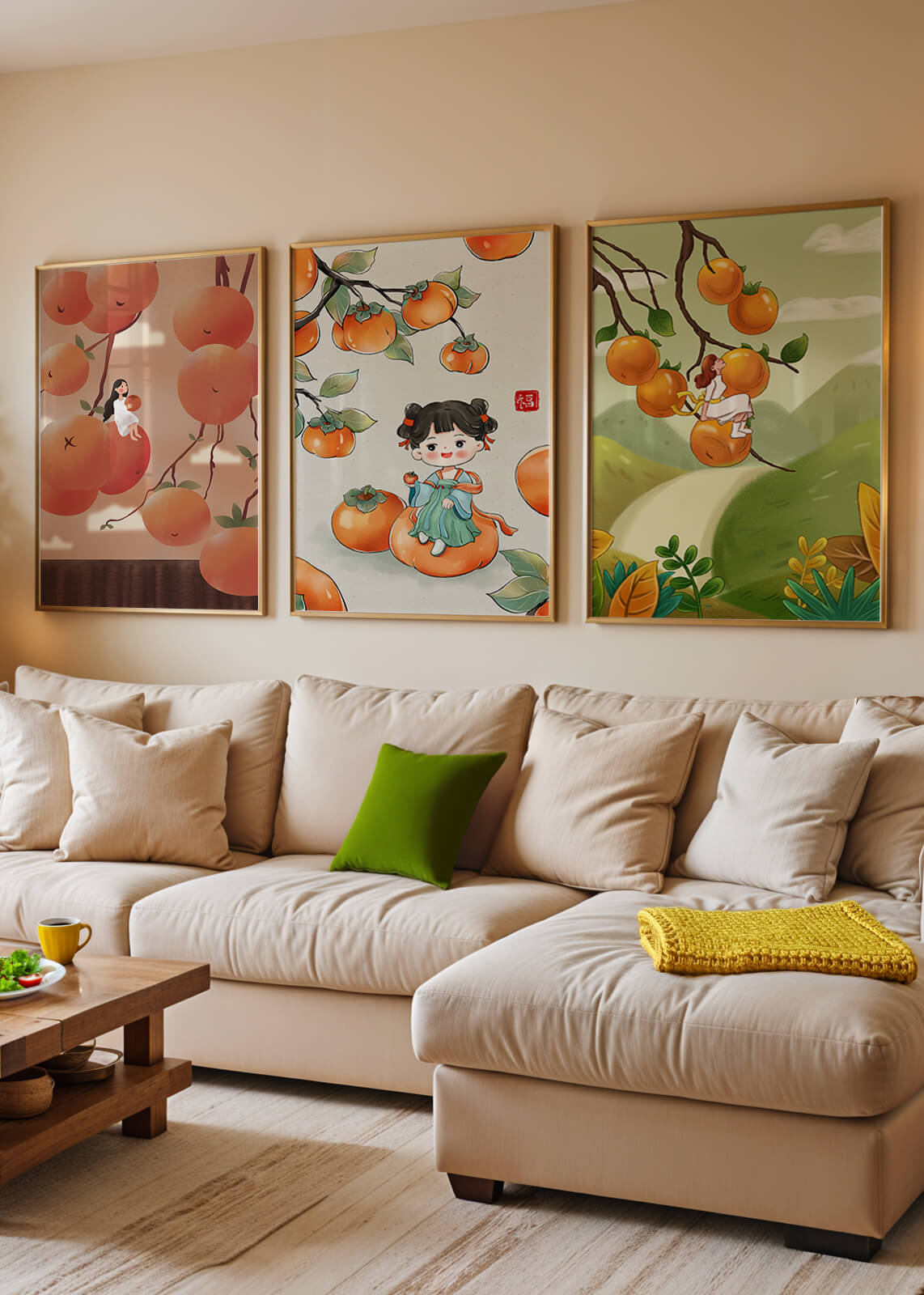 Illustrations de fruits avec des filles sur un fond en bois