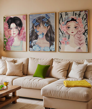 Pinturas De Retratos Femeninos Con Flores Y Mariposas