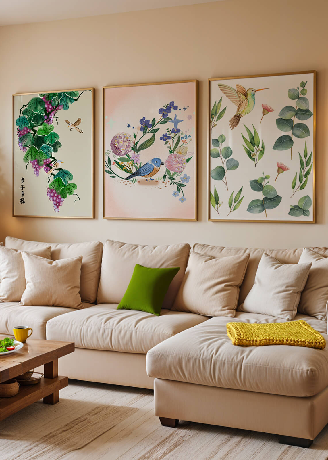Ensemble de trois œuvres d'art avec des motifs naturels et des oiseaux