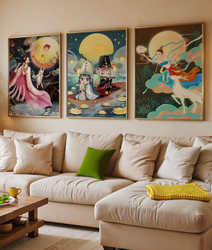 Peintures fantastiques avec lune pleine et personnages mythologiques