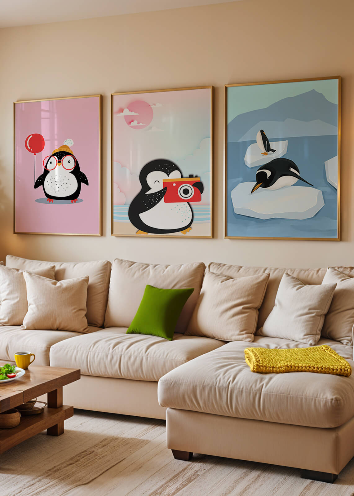 Conjunto De Tres Dibujos De Pingüinos Con Estilo Lúdico Y Colores Pastel