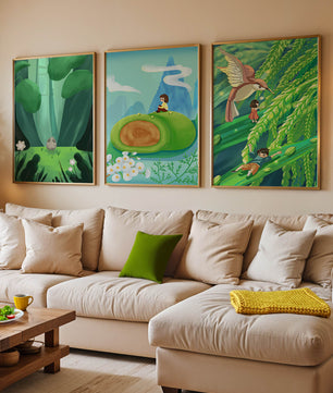 Mur Avec Trois Impressions Artistiques De Paysages Naturels Oniriques
