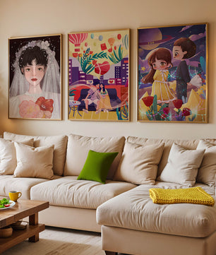 Ensemble de trois illustrations artistiques au style coloré