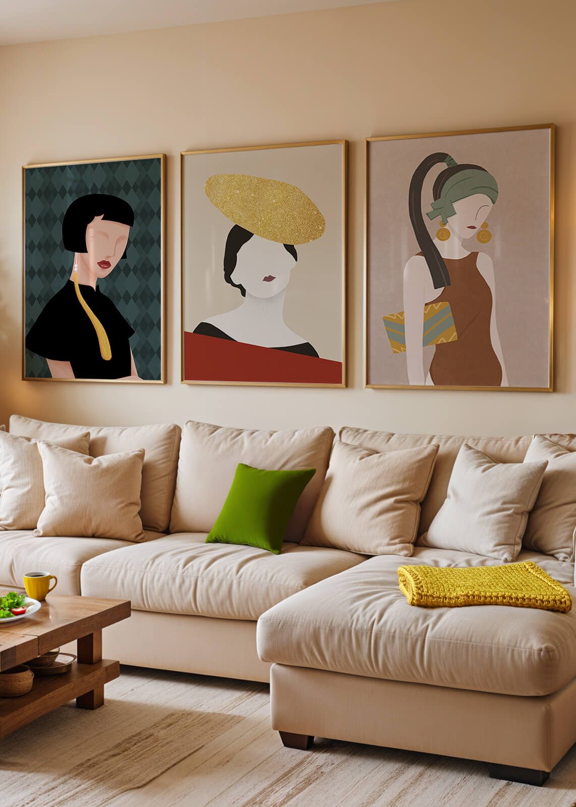 Trio de portraits modernes avec lignes douces et chapeaux exubérants