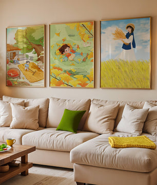 Triptyque d’illustrations d’automne avec des enfants et des paysages