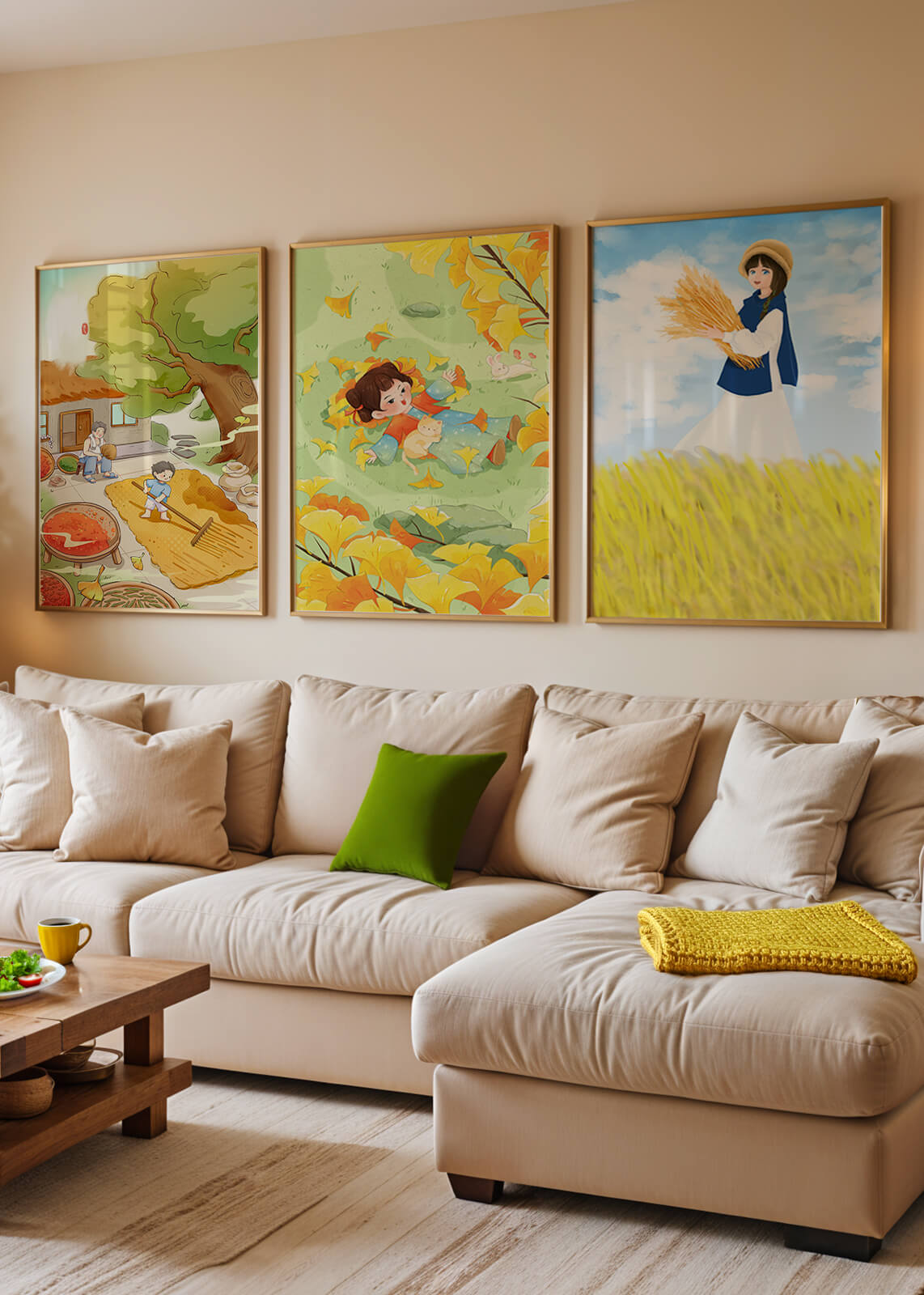 Tríptico de Ilustraciones de Otoño con Niños y Paisajes